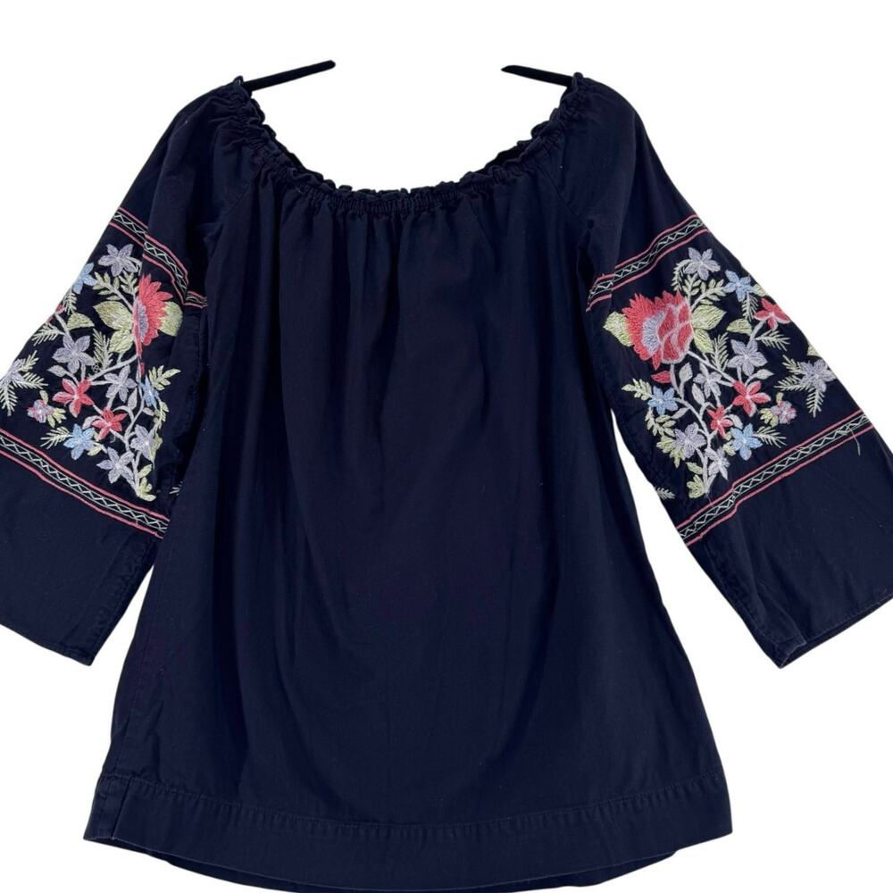 Free People Off Shoulder Embroidered Boho black Blouse Black Floral Oversized - Picture 5 of 7